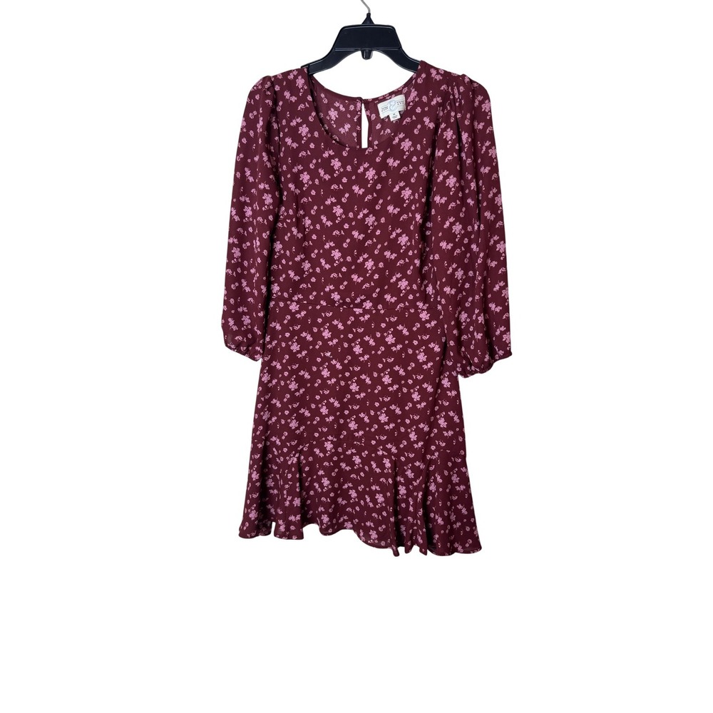 Jun & Ivy Dress Womens Medium Red Floral Ruffle Hem Fit & Flare 3/4 Sleeve